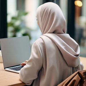 unrecognizable-arab-woman-hijab-using-laptop-blank-screen-coworking-space-292048302